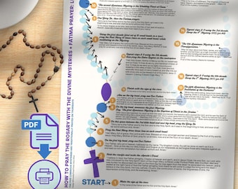 Printable Rosary Guide Diagram, Divine Mysteries, How to Pray the Rosary, Fatima Prayer, Scriptures, all on a single page, instant download