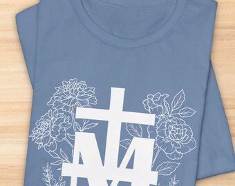 Miraculous Medal flowers of Mary shirt, Marian tshirt, rose, marigold, myrtle, gift idea, plus size, Catholic clothing, Orthodox clothing