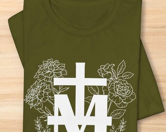 Miraculous Medal flowers of Mary shirt, Marian, rose, marigold, myrtle, gift idea, plus size, Catholic clothing, Orthodox, line drawing, TLM