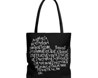 Rosary in Latin Tote Bag, Ave Maria, minimalist tote, Hail Mary book bag, library tote,  Black and White, RCIA tote bag, Latin Mass, TLM