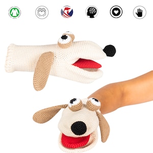 Hand Knitted Dog Puppet in Organic Cotton | Puppets for Kids | Pretend Play