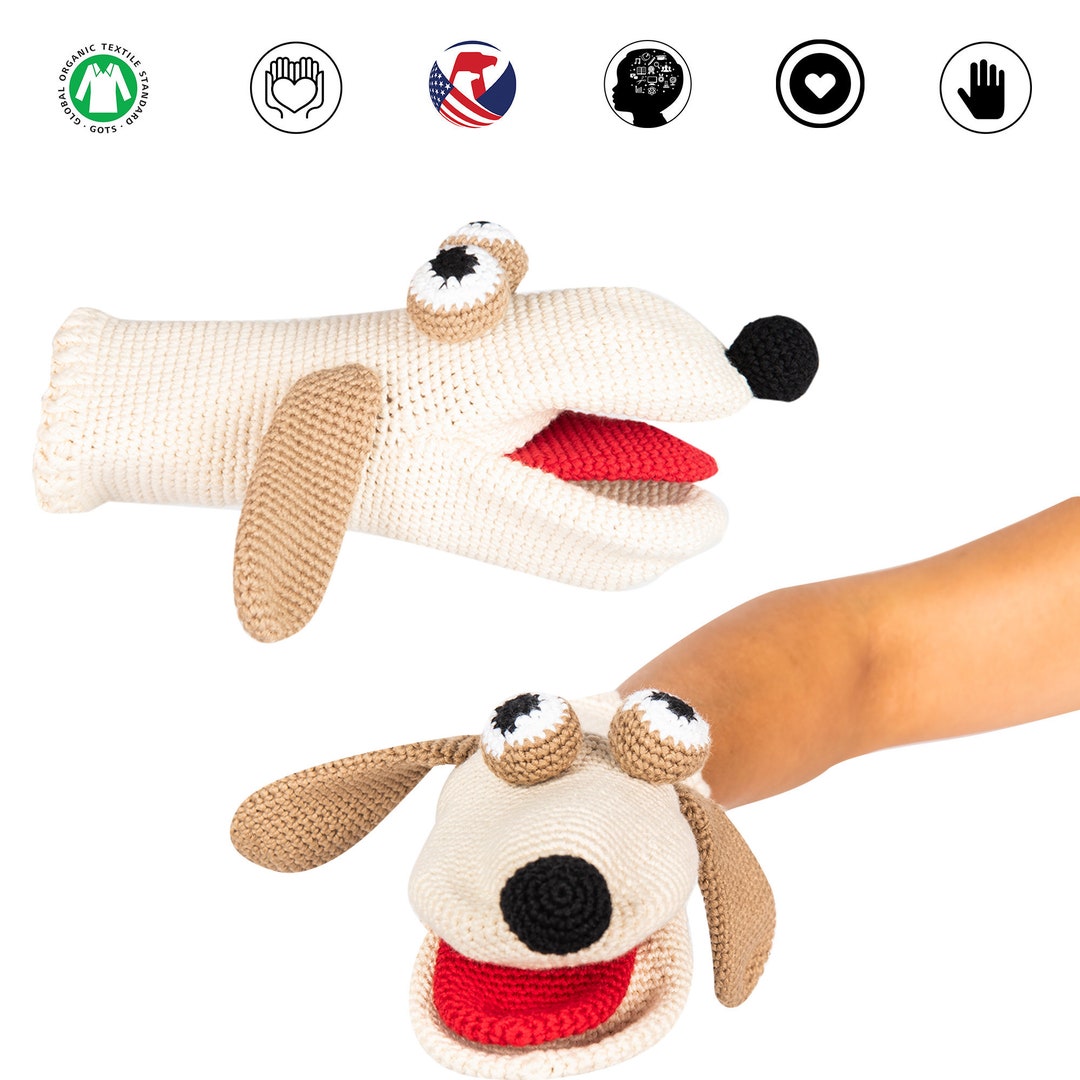 Hand Knitted Dog Puppet in Organic Cotton Puppets for Kids Pretend Play