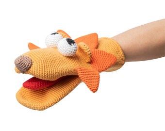 Hand Knitted Lion Puppet in Organic Cotton |  Leo Puppets for Kids | Pretend Play