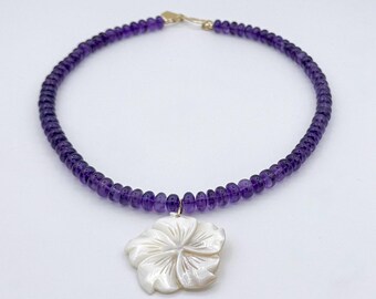 Purple Amethyst Necklace with Mother of Pearl Carved Flower Pendant