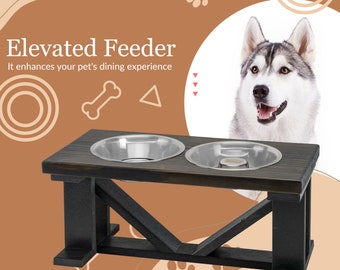 Raised Dog Feeding Station, Dog Feeder with Large and Slow Feeding Bowl, Elevated Wooden and Plastic Pet Food Station, Custom Dog Feeders