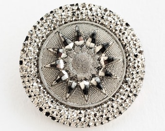 Victorian Silver Black Pressed Glass Button with Brass Box Shank - 6 Available