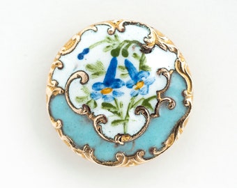 RESERVED - 1800s French Turquoise Blue & White Champlevé Enamel Gilt Metal Button #1