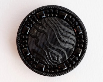 Victorian Large Black Glass Mourning Button with Moiré Pattern