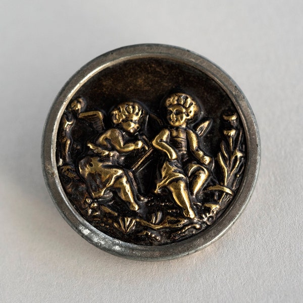 Antique Victorian Picture Button Pair of Cherubs 1880s German