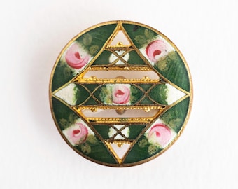Antique Openwork French Green & White Enamel Button with Rose Buds