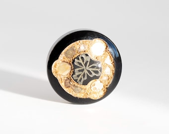 Vintage Art Deco Carved Black Bakelite Button with Gold Glitter & Foil Inclusions