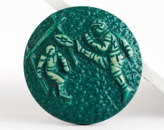 Vintage Large Buffed Celluloid Sporting Button of Rugby Player Scoring a Try