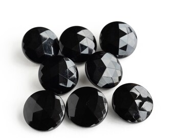 Lot de 8 boutons vintage à facettes en verre noir avec tige fixe