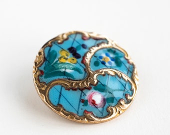 RESERVED - 1800s French Turquoise Blue Champlevé Enamel Gilt Metal Button