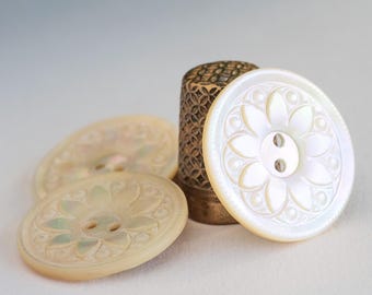 Vintage Carved Mother of Pearl Flower Button - 3 Available