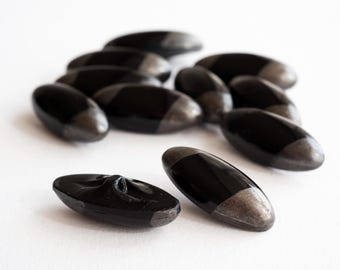 Vintage Black Glass Spindle Button with Grey Enamelled Tips - 11 Available