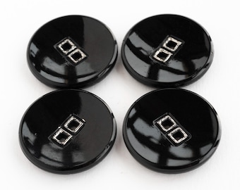 Set of 4 Vintage Black Glass Sew-Through Buttons with Silver Lustre