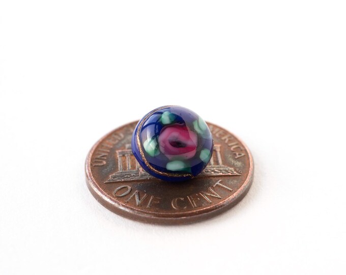 Vintage Diminutive Dark Blue Lamp Work Charm String Button With Pink ...