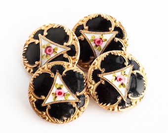 French Champlevé Black & White Enamel Gilt Button with Hand Painted Rosebud Motif