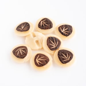 May include: A collection of eight off-white buttons with a dark brown leaf design. One button has two holes for sewing. The buttons are round with a slightly raised edge, and the leaf design is carved into the center.