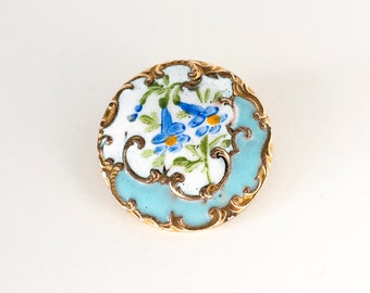 Reserved - French Turquoise Blue & White Champlevé Enamel Gilt Metal Button #2