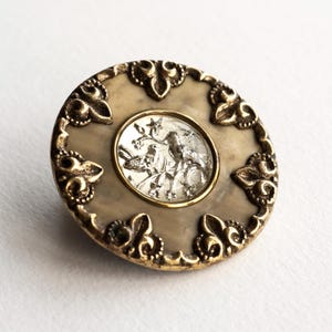 RESERVED for Alice - Antique Celluloid & Brass Button with Silver Foiled Intaglio Cabochon of Birds on a Branch