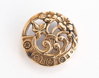 Art Nouveau Style Floral Openwork Brass Button