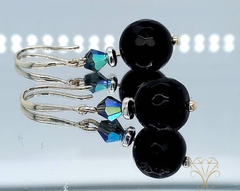 Black pearl earrings - silver EARRINGS - onyx gemstone earrings - Swarovski Elements - solid 925 silver
