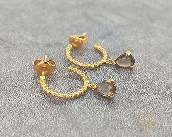 Golden Hoop earrings - smoky quartz ear studs - Golden hoop earrings - smoky quartz drops brown - 925 silver 18 carat gold plated