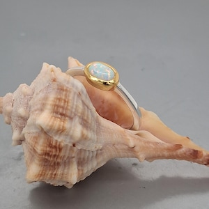 Puede incluir: Un anillo de plata con un engaste de bisel dorado que sostiene una piedra preciosa de ópalo ovalada. El anillo se muestra sobre una concha marina sobre un fondo gris. El ópalo tiene un color blanco lechoso con destellos iridiscentes.