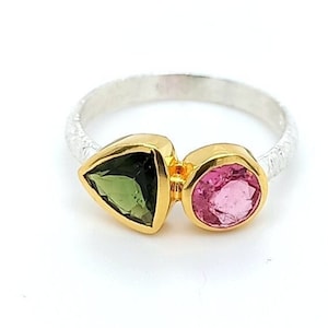 Tourmaline ring green pink GEMSTONE RING -LUXURY multi-stone ring - goldsmith unique - 925 silver gold plated - tourmalines green pink - size. 56