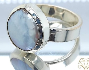 Perlen Ring - moderner Edelsteinring mit echter weißer Perle - Silberring mit Perle - Solitärring -  Gr. 58
