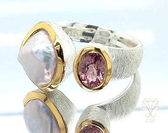 Turmalin Ring - Mehrsteinring rose Turmalin u weißer Perle - Goldring mit Turmalin rosé - Statement Ring - Bicolor Silber Gold Unikat  Gr 56