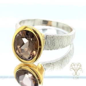 Smoky quartz ring - brown gemstone ring - gold ring with brown brilliant - bicolor ring - SOLITARY RING - stacking ring - 18 carat gold size. 56