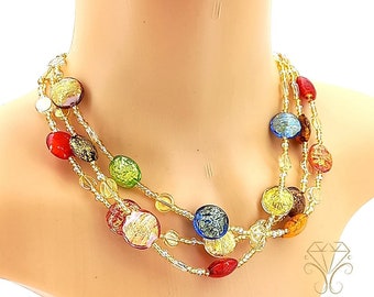 Noble Murano glass necklace - 3 row pearl necklace - Venezia Classica Flavia - Golden necklace colorful necklace multi-row necklace