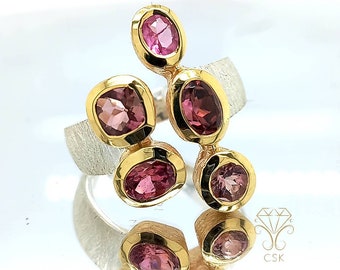 Toermalijn ring - multi-stone ring met roze toermalijnen - gouden ring met roze toermalijn - statement ring - bicolor ring zilver gouden ring unieke maat 58
