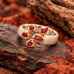 May include: A silver ring with a textured, matte finish featuring four bezel-set, deep pinkish-red oval and pear-shaped gemstones. The stones are arranged in a cluster on the front of the band, with gold-toned metal settings surrounding each gem.