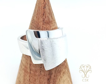 BANDRING - wide silver ring - brushed silver and polished silver - middle finger ring - silver ring without stone - size. 62