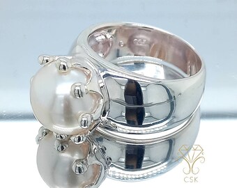 Crown ring - large PEARL RING with crown - silver ring with pearl - XXL pearl ring - silver ring with crown - pearl ring with crown - solitaire ring