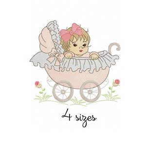 Baby Girl Stroller Embroidery Design - Baby Machine Embroidery File - PES JEF HUS - 4x4 5x7 6x10 - Instant Download - Nursery Embroidery