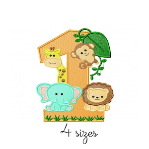 Safari Number One Embroidery Design - Baby Machine Embroidery File - PES JEF HUS - 4x4 5x7 6x10 hoop - Instant Download - Nursery Embroidery
