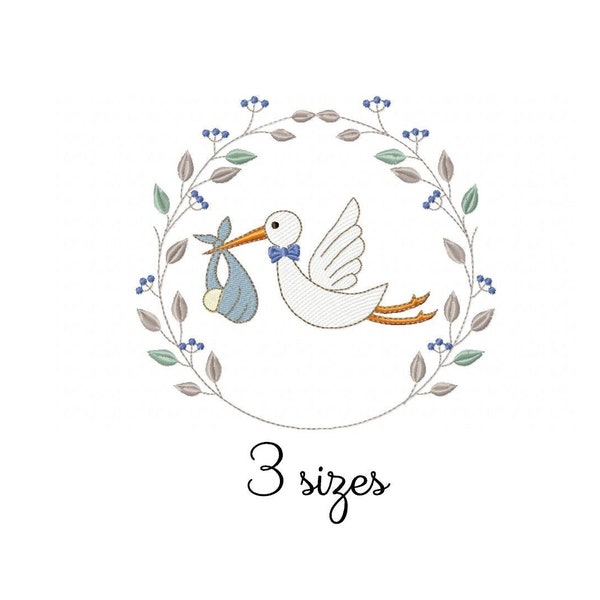 Storch Junge Stickdatei - Baby Maschinenstickdatei - PES JEF HUS - 4x4 5x7 6x10 Hoop - Sofort Download - Neugeborenen Stickdatei