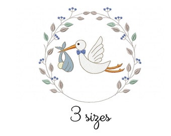 Stork Boy Embroidery Design - Baby Machine Embroidery File - PES JEF HUS - 4x4 5x7 6x10 hoop - Instant Download - Newborn Embroidery Design
