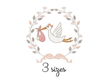 Stork Girl embroidery designs, baby embroidery design machine, newborn embroidery pattern file instant download cute baby fill stitch