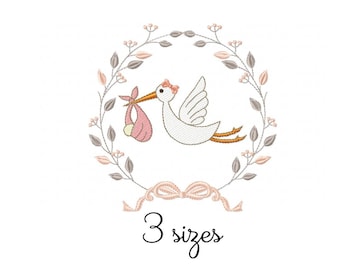 Stork Girl Embroidery Design - Baby Machine Embroidery File - PES JEF HUS - 4x4 5x7 6x10 hoop - Instant Download - Newborn Embroidery Design