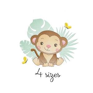 Könnte beinhalten: Süßes Cartoon-Affe, das in einer Dschungelszene mit grünen Blättern und gelben Schmetterlingen sitzt. Der Text "4 Größen" befindet sich unter dem Affen.