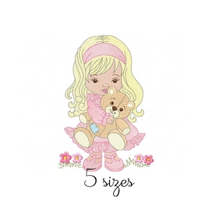 Girl and Bear Embroidery Design - Baby Machine Embroidery File - PES JEF HUS - 4x4 5x7 6x10 hoop - Digital Download - Nursery Embroidery