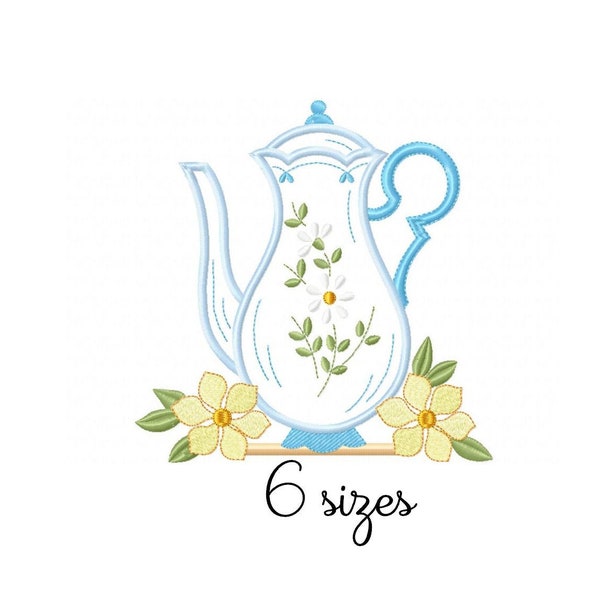 Teapot embroidery design, kitchen embroidery design machine, towel embroidery pattern, file instant download, flower embroidery design