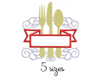 Cutlery embroidery design, kitchen embroidery design machine, towel embroidery pattern, file instant download, Cook embroidery design