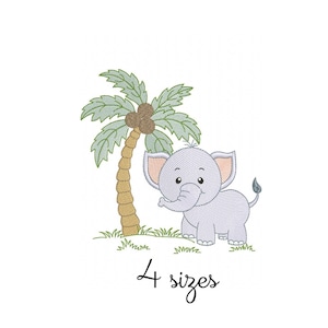 Pode incluir: Um elefante cinza com orelhas cor-de-rosa está ao lado de uma palmeira verde com cocos marrons. O texto "4 tamanhos" está abaixo da imagem.
